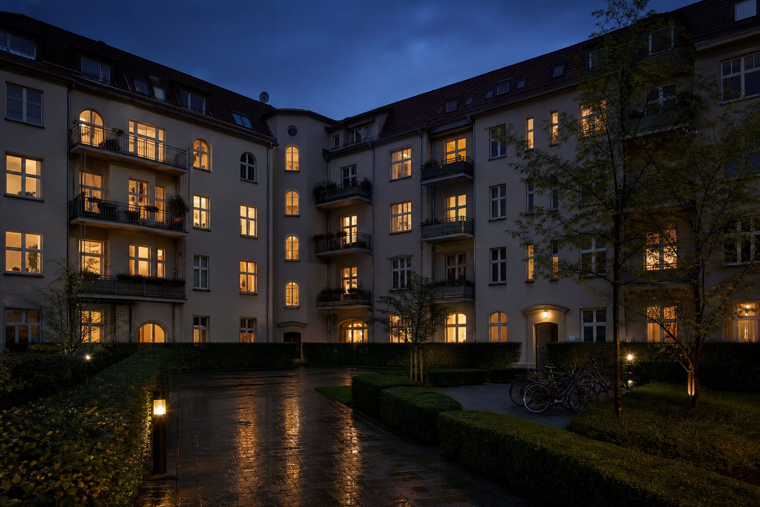 Innenhof einer Wohnanlage am Abend mit erleuchteten Fenstern