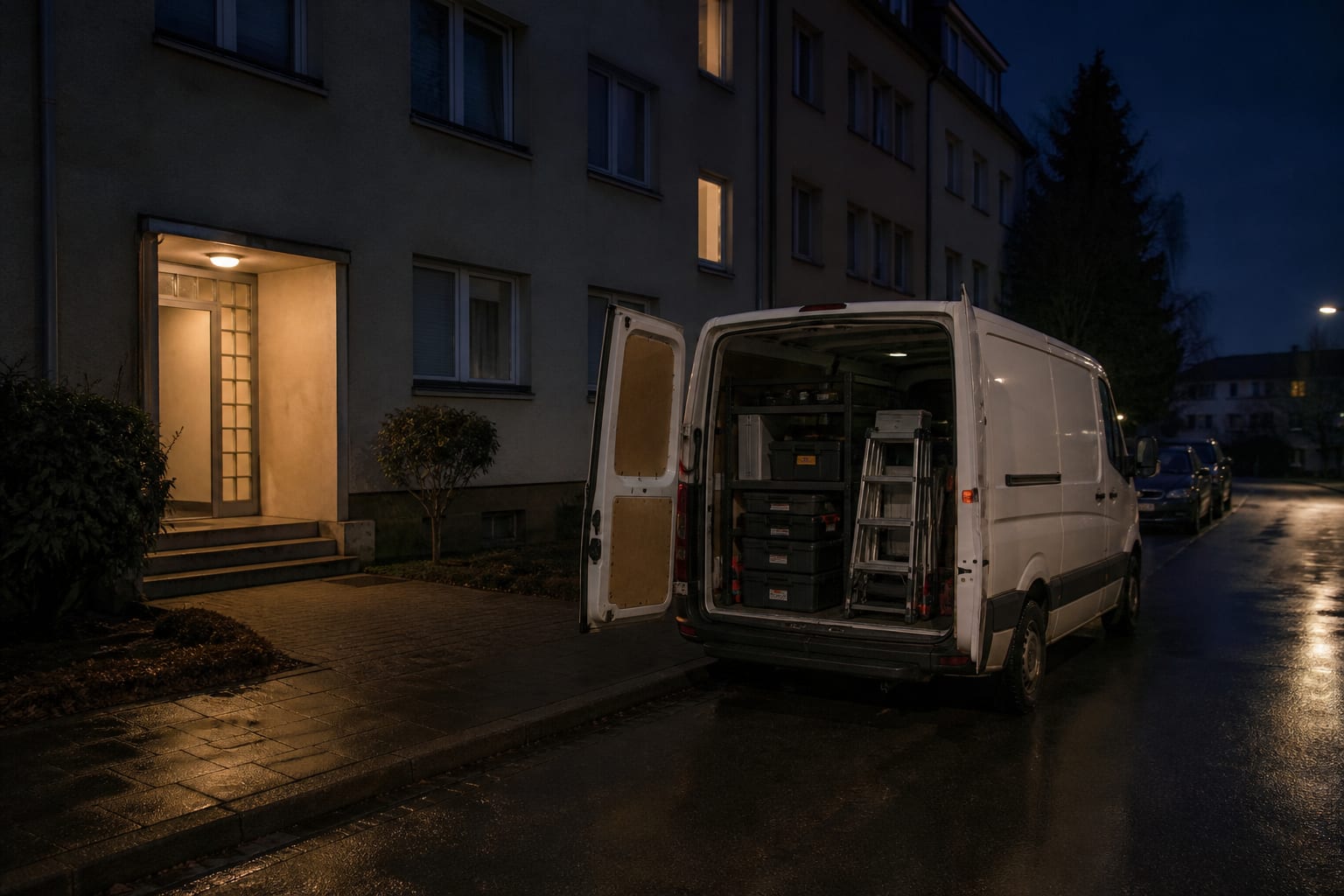 Handwerkerfahrzeug mit geordneten Werkzeugkisten vor einem Hauseingang am Abend