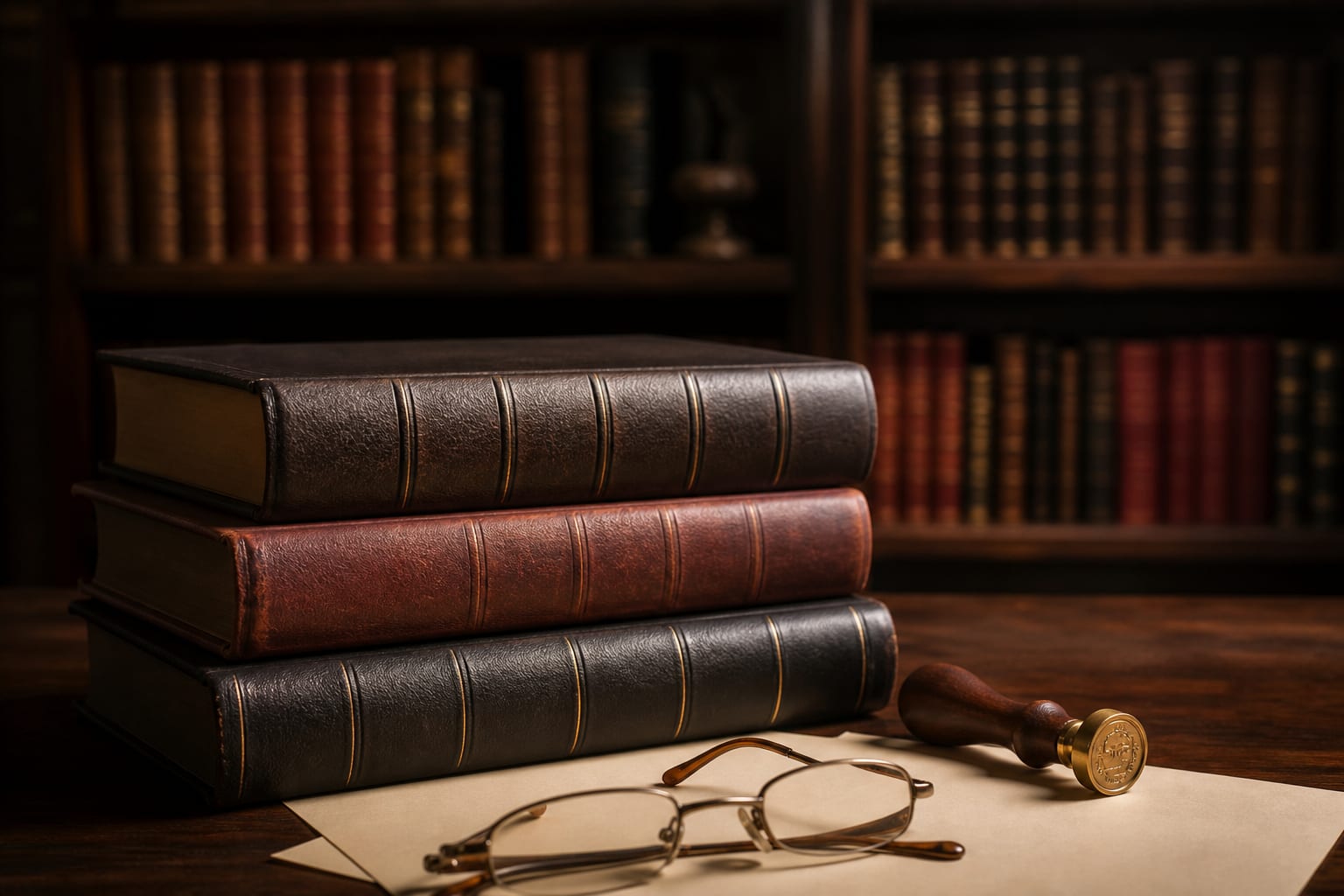 Gesetzestexte und Siegel auf dem Schreibtisch