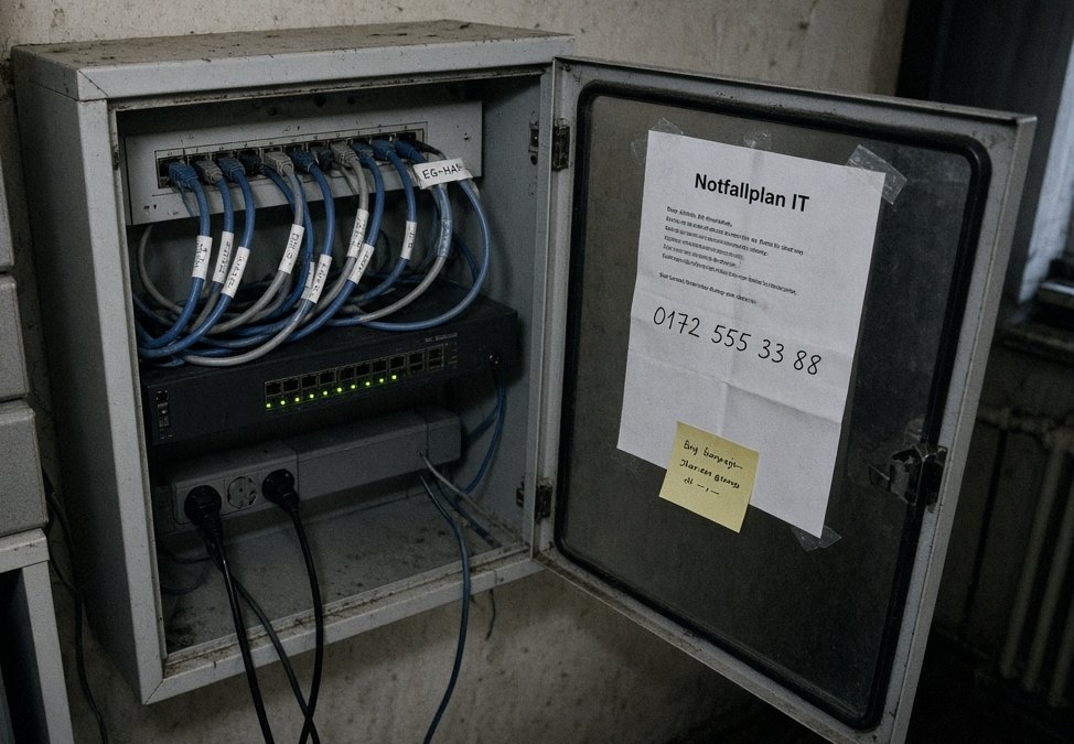 Geöffneter Netzwerkschrank mit Notfallplan an der Tür